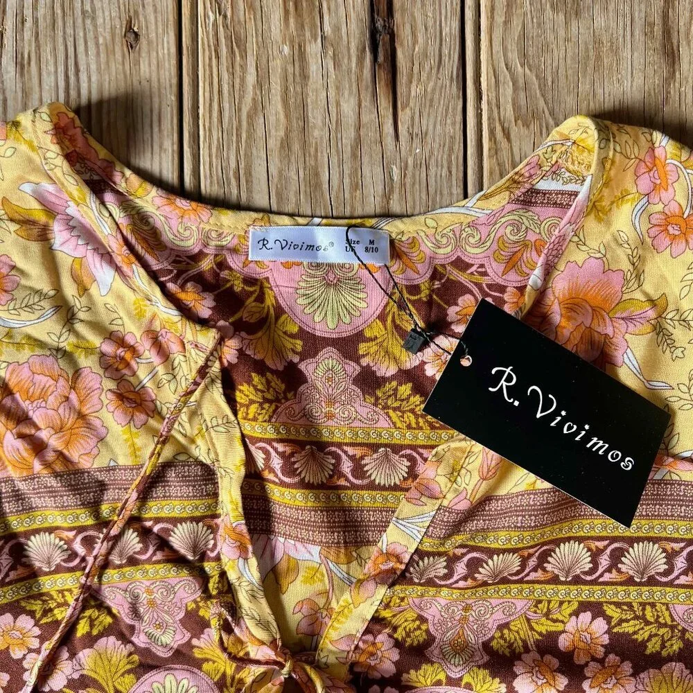 R.Vivimos Women Long Sleeve Floral V Neck Tassel Boho Festival Dress M, Sz 8, 10 - Picture 9 of 13